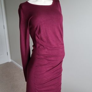 Wine Colored Long Sleeve Knee Length Sweater Dress
